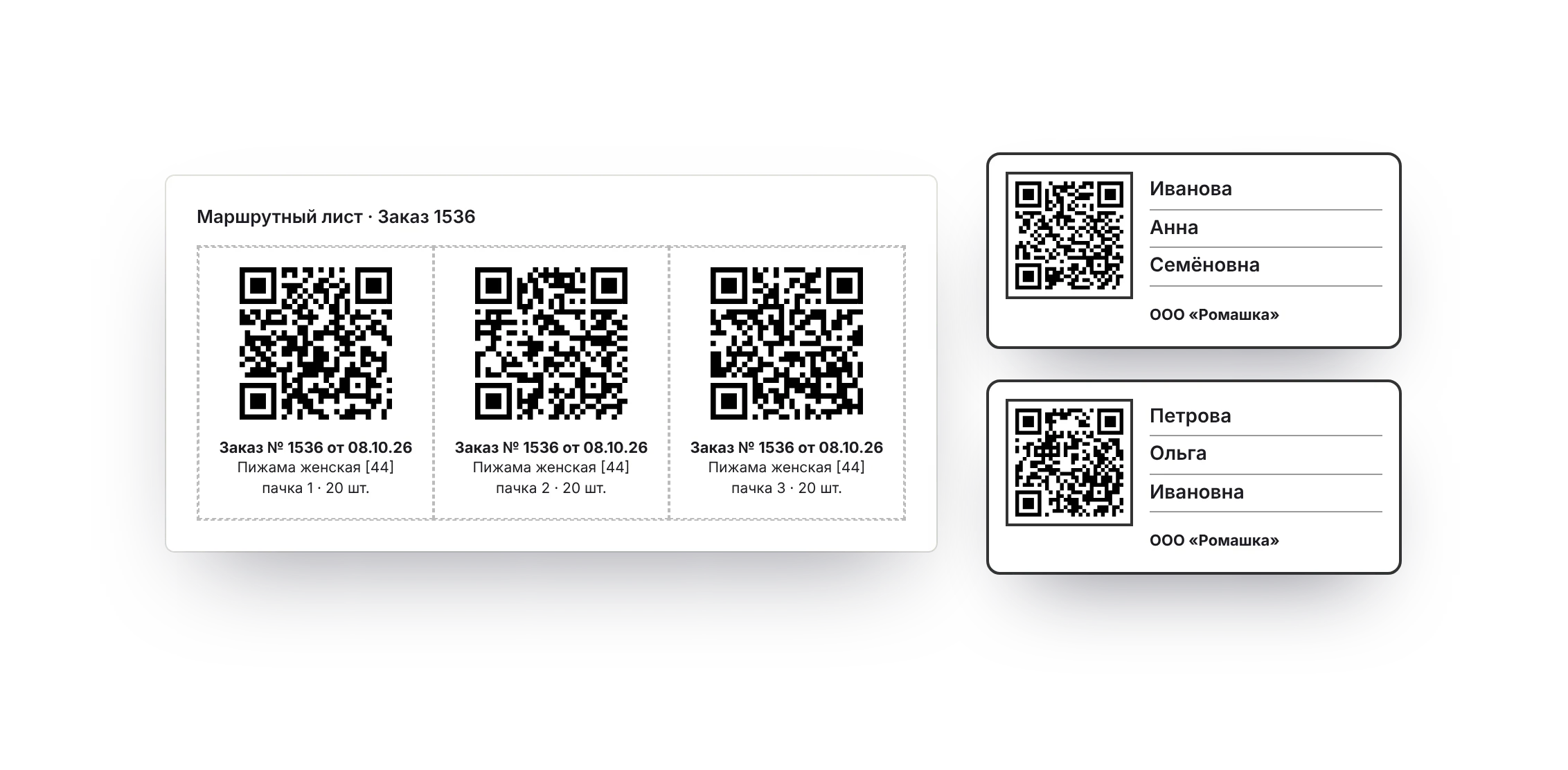 Маршрутный лист с QR-кодами пачек и бейджи сотрудников